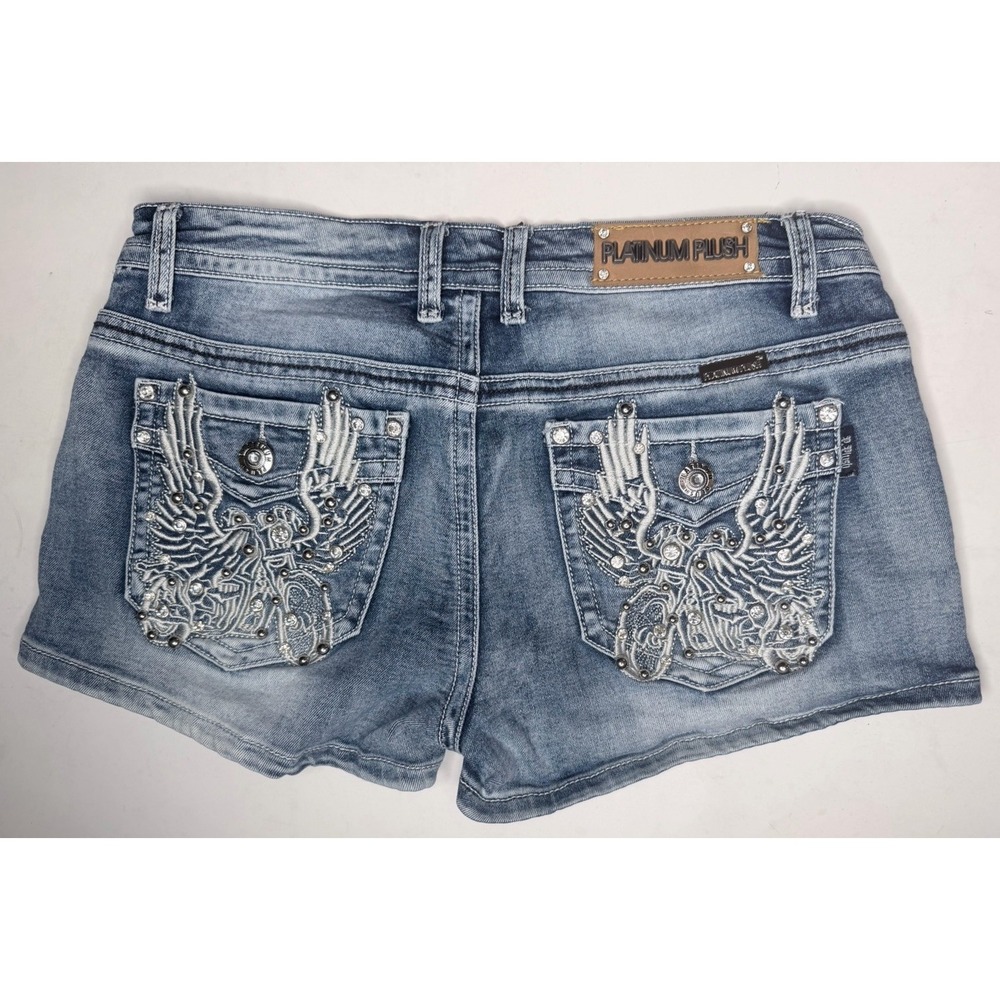 Platinum Plush Wing Biker Denim Shorts Size L Bling Studs Micro